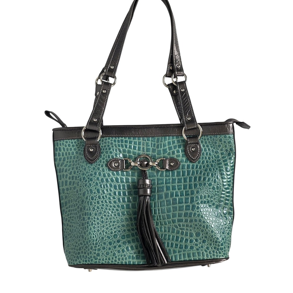Madi Claire Teal Croc Embossed Tassel Tote Bag Metallic Charcoal Shoulder Bag
